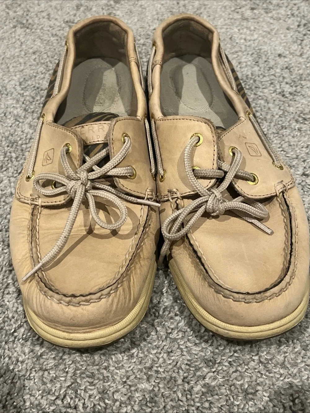 Sperry Tan Leather Boat Shoes with Stripe Zibra Accent